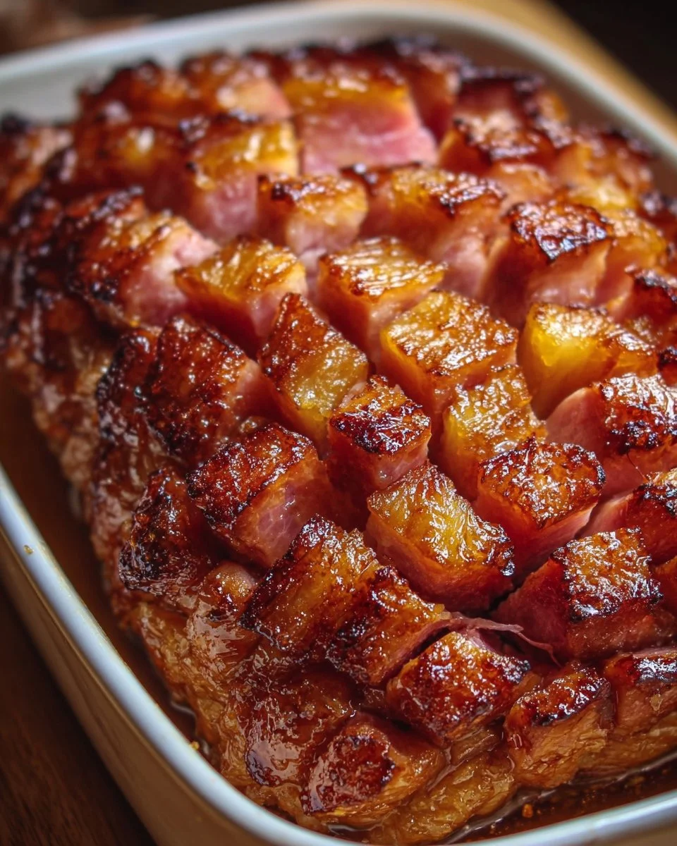 Brown Sugar Pineapple Ham Bake served on a festive table