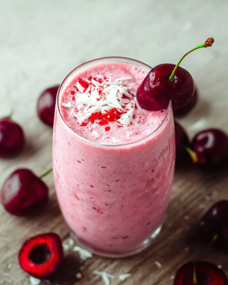 Delicious Cherry Cottage Cheese Smoothie in a glass with fresh cherries