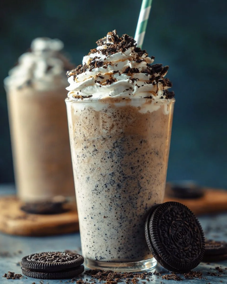 Delicious Cookies and Cream Frappuccino topped with whipped cream and chocolate