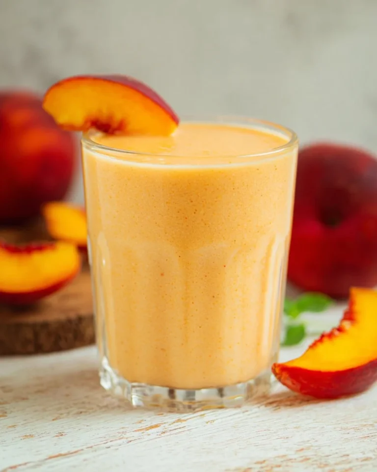 Cottage cheese peach smoothie in a glass with fresh peaches and mint