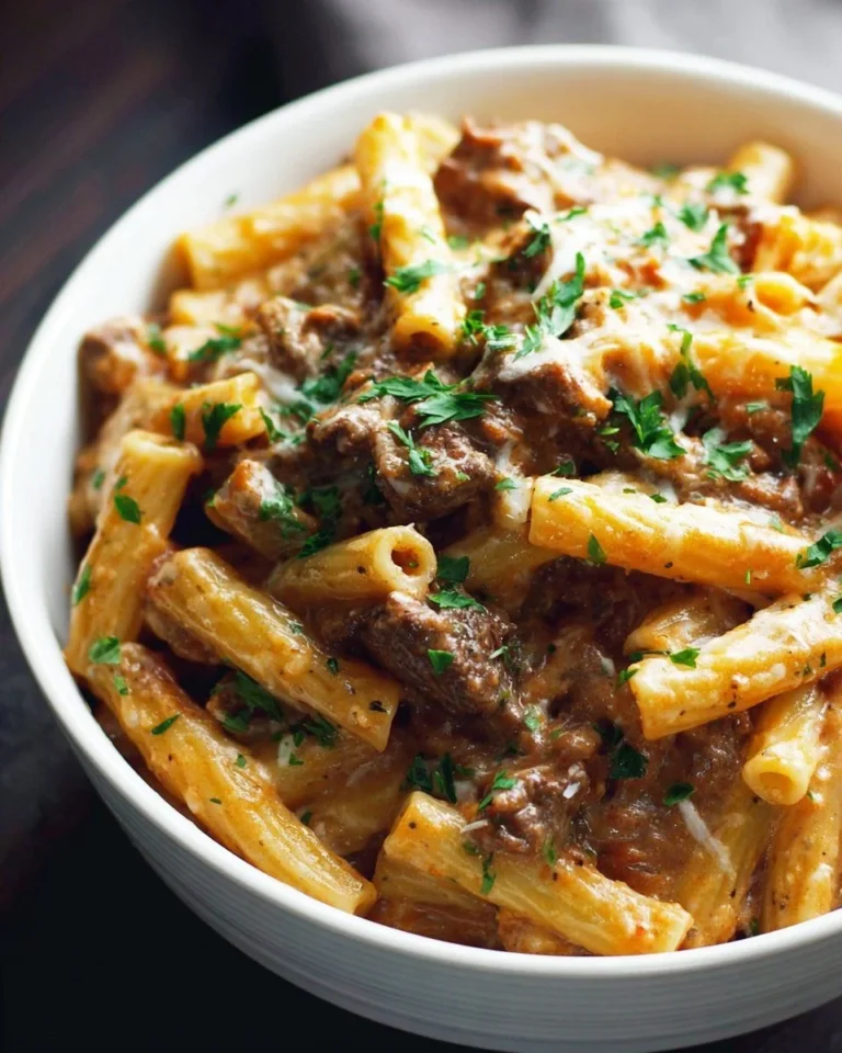 Creamy slow cooker beef pasta served in a bowl, garnished with herbs.