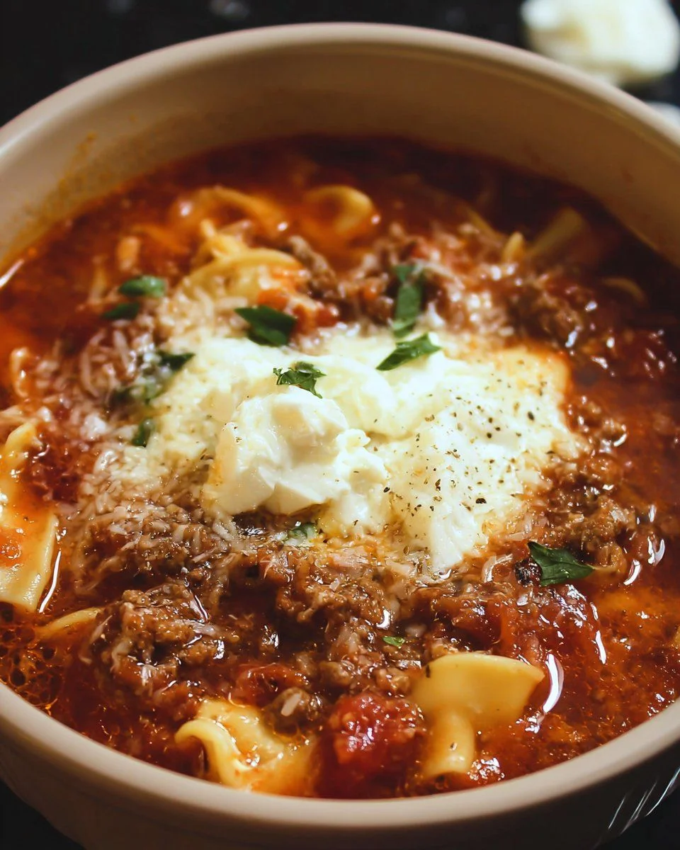 Bowl of delicious Crockpot Lasagna Soup with cheese and herbs