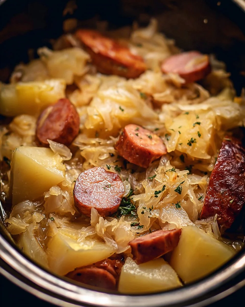 Crockpot Polish sausage with sauerkraut and potatoes served in a bowl