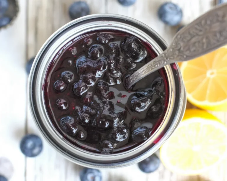 Delicious homemade blueberry jam made with fresh blueberries, sugar, and lemon juice.