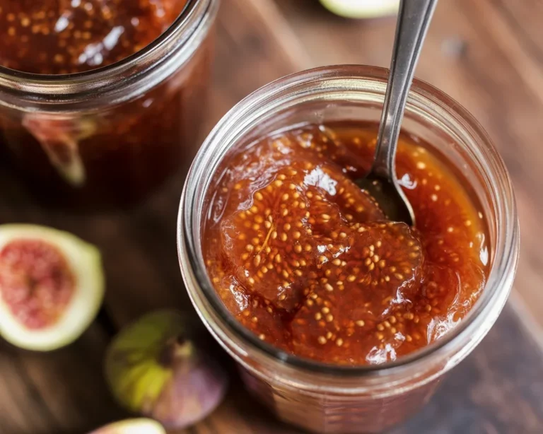 Homemade fig jam made with fresh figs, lemon juice, and sugar in a pot.