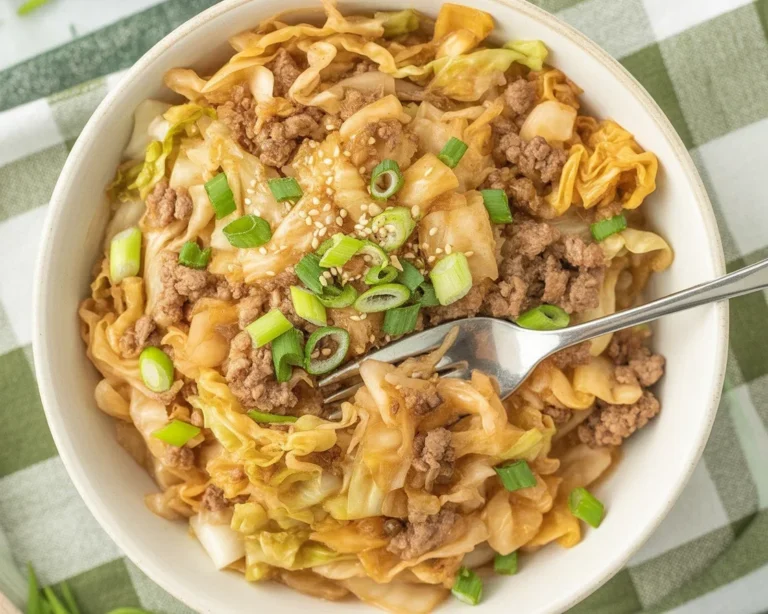 Delicious Inside Out Egg Roll in a Bowl with fresh veggies and savory sauce