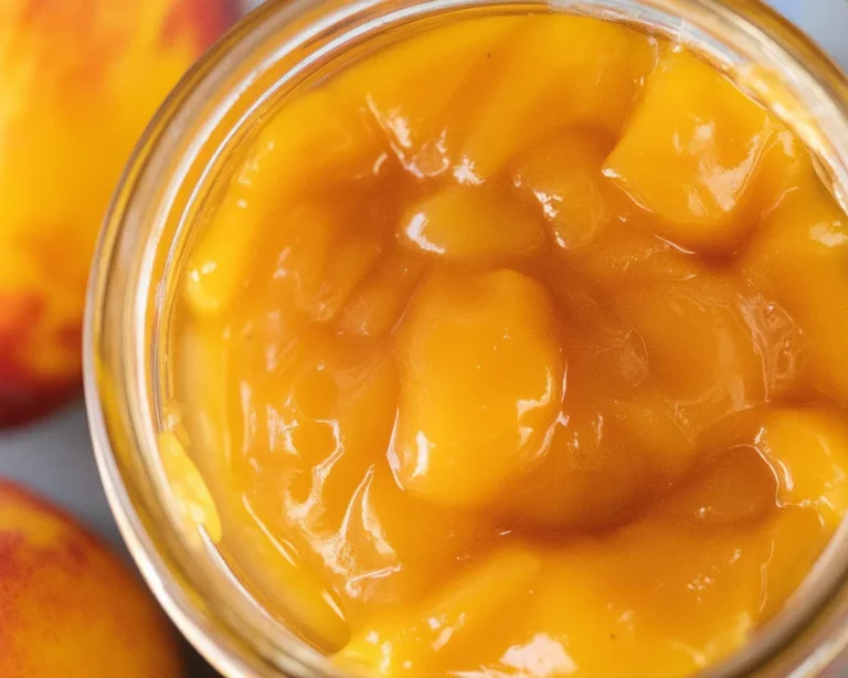 Homemade peach jam ingredients: ripe peaches, sugar, and lemon juice in a pot.