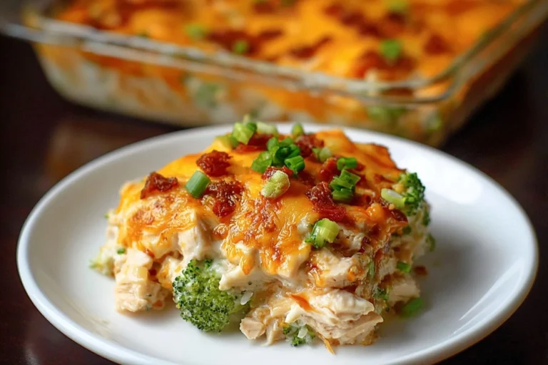 A delicious low carb chicken casserole ready to be served, featuring fresh ingredients.