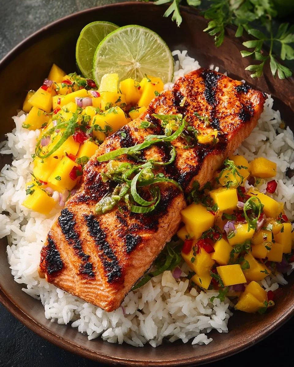 Grilled Salmon served with mango coconut rice, creating a tropical-inspired dish.