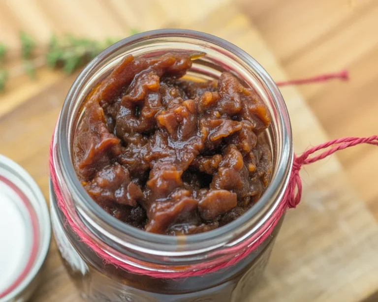 Delicious homemade bacon jam with caramelized onions and spices in a jar.