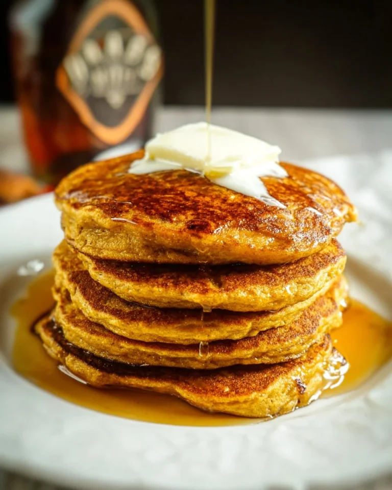 Fluffy pumpkin spice pancakes with cottage cheese, drizzled with maple syrup.