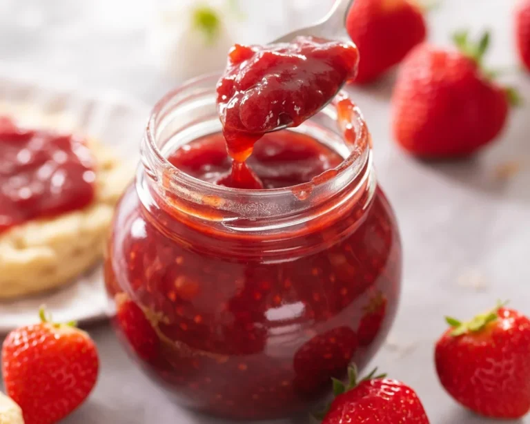 Homemade strawberry jam made with fresh strawberries, sugar, and lemon juice.