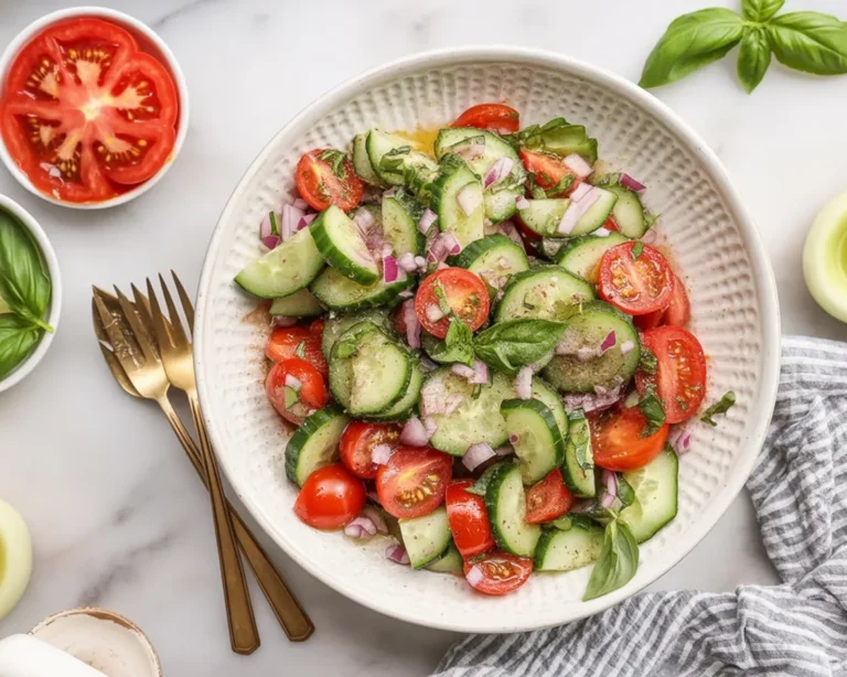 Fresh Cucumber Tomato Salad with red onion and a tangy vinaigrette dressing.