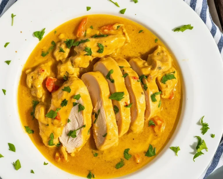 Plate of Spicy Brazilian Coconut Chicken served with rice and garnished with herbs.