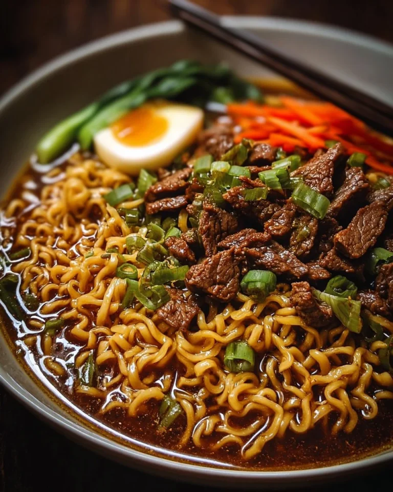 Delicious slow cooker beef ramen noodles served in a bowl with toppings.