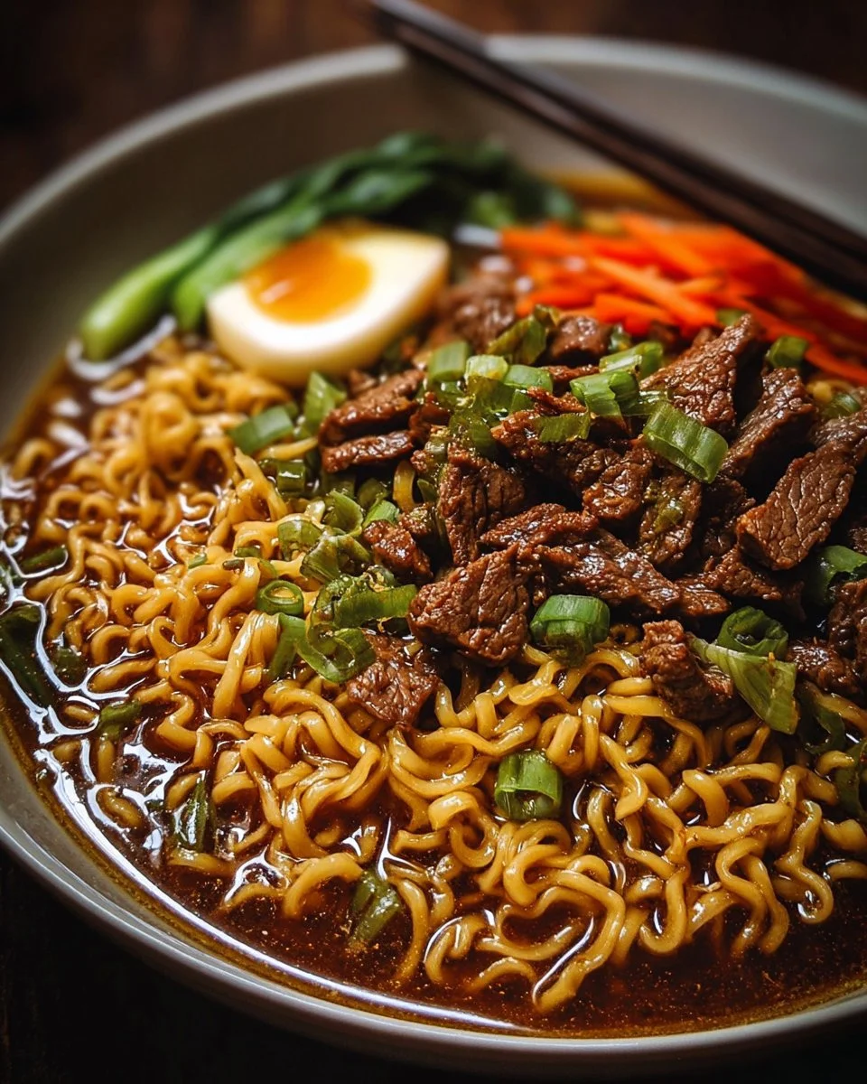 Delicious slow cooker beef ramen noodles served in a bowl with toppings.
