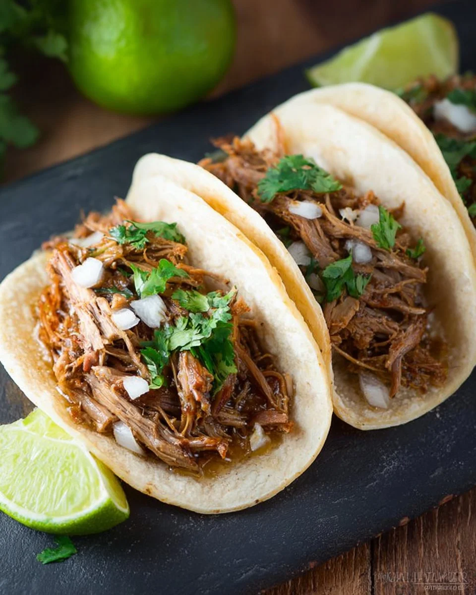 Tender and flavorful slow cooker carnitas served in tacos