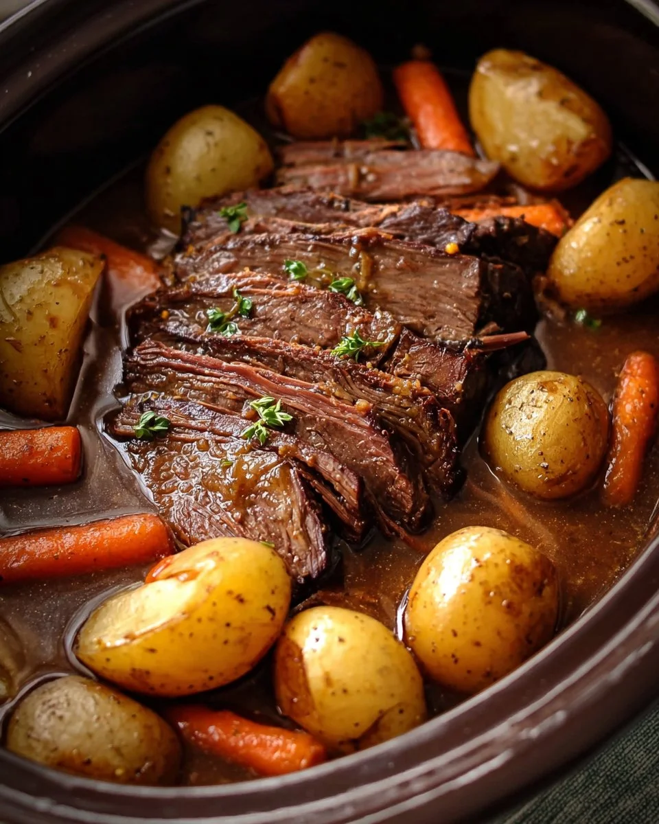 Delicious slow cooker pot roast served on a plate with vegetables.