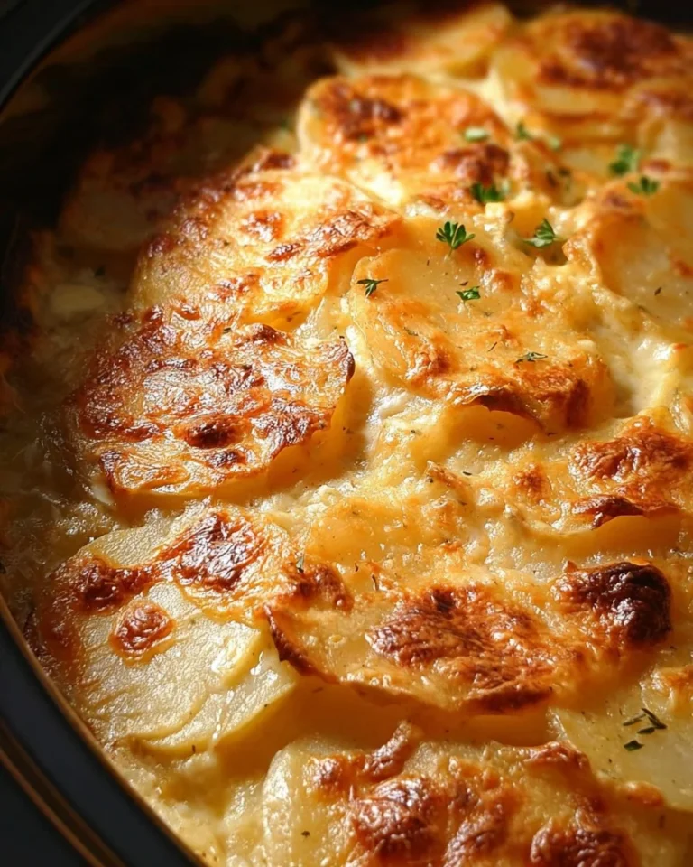 Creamy slow cooker scalloped potatoes in a serving dish