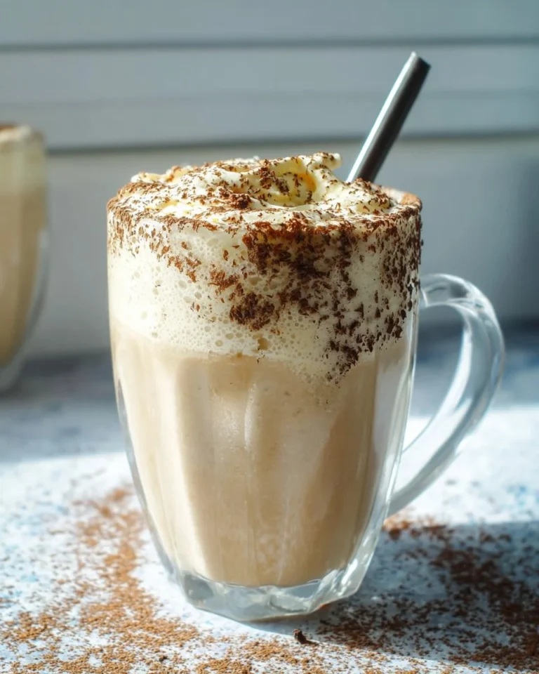 A delicious tiramisu cottage cheese smoothie in a glass, topped with cocoa powder.