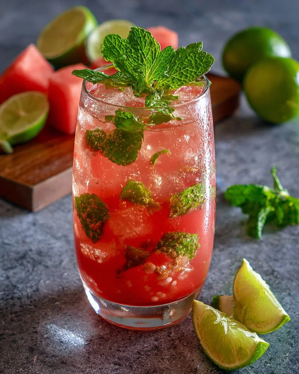 Refreshing watermelon lime mint mocktail in a glass