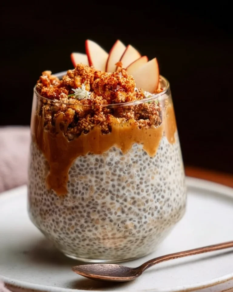 Apple crumble chia pudding topped with fresh apples and crumble topping