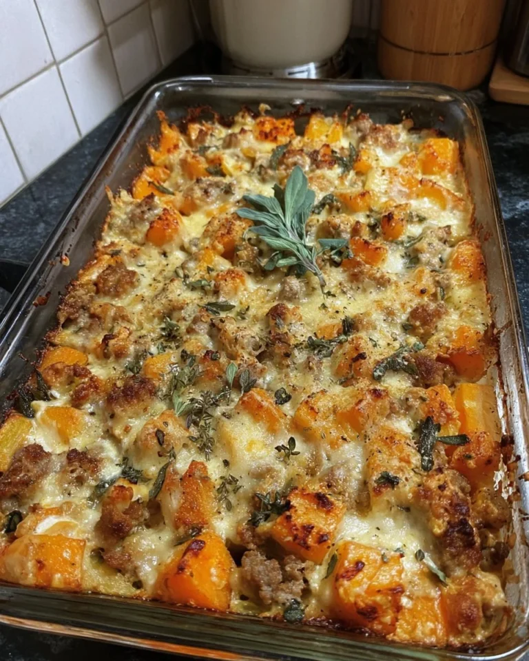 Autumn butternut squash casserole with Italian sausage in a baking dish