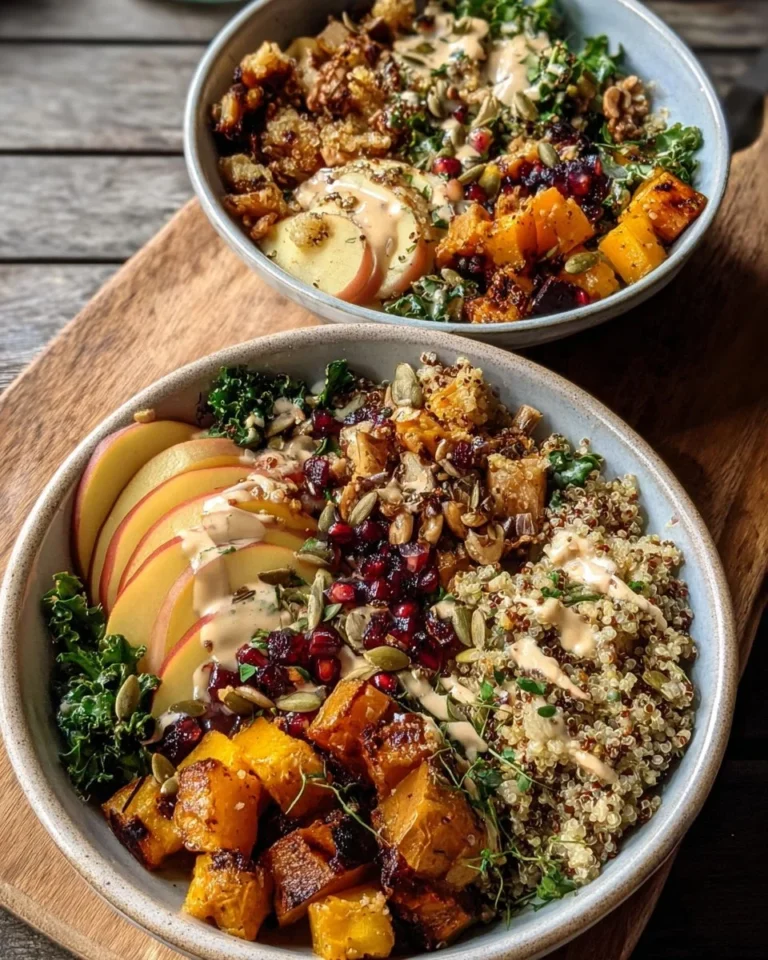 Colorful Autumn Glow Quinoa Bowls filled with seasonal vegetables and toppings