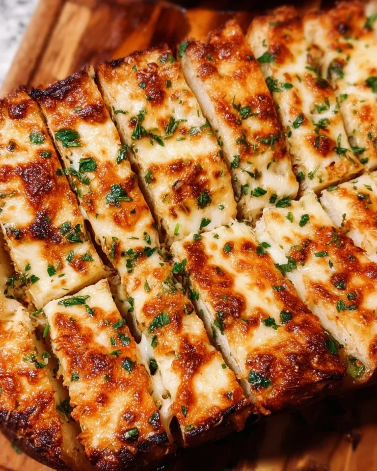 Delicious cheesy garlic bread fresh out of the oven, golden and gooey.