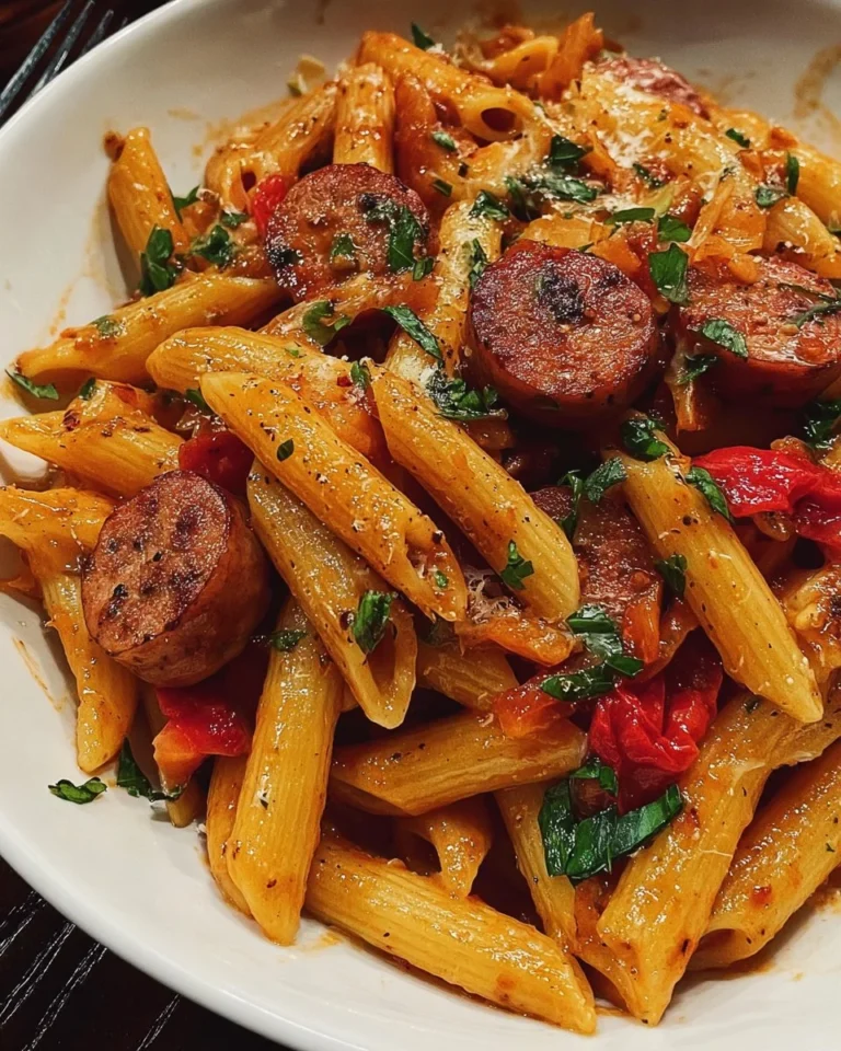 Delicious Cajun Sausage Pasta served in a bowl with fresh herbs