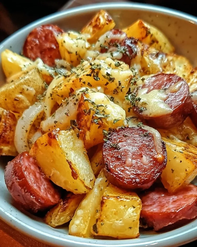 Cheesy ranch potatoes with smoked sausage on a plate