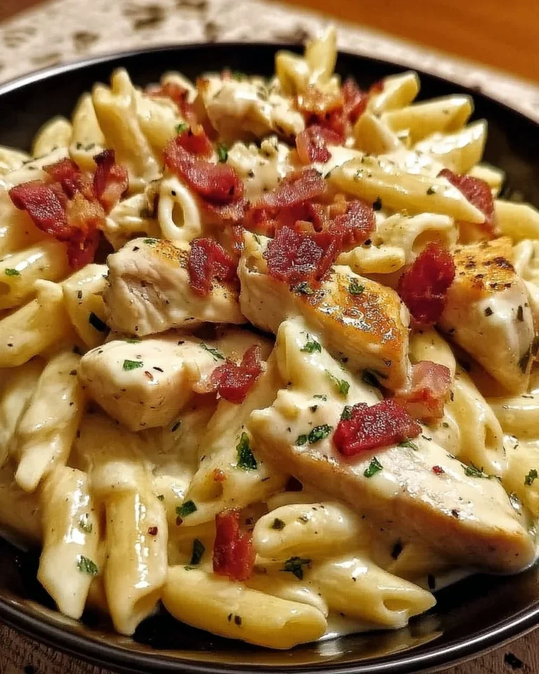 Creamy Chicken Bacon Ranch Pasta with fresh herbs and crispy bacon