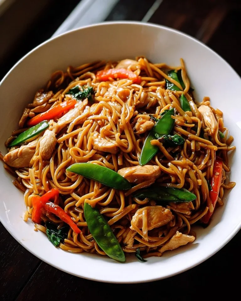 A delicious plate of chicken lo mein with colorful vegetables and noodles.