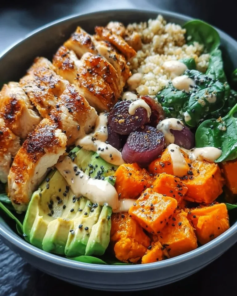 Chicken and sweet potato Buddha bowl with fresh vegetables and grains.