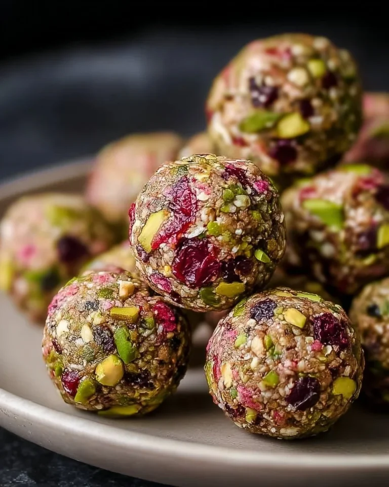 Cranberry pistachio protein bites in a bowl, a nutritious snack option.