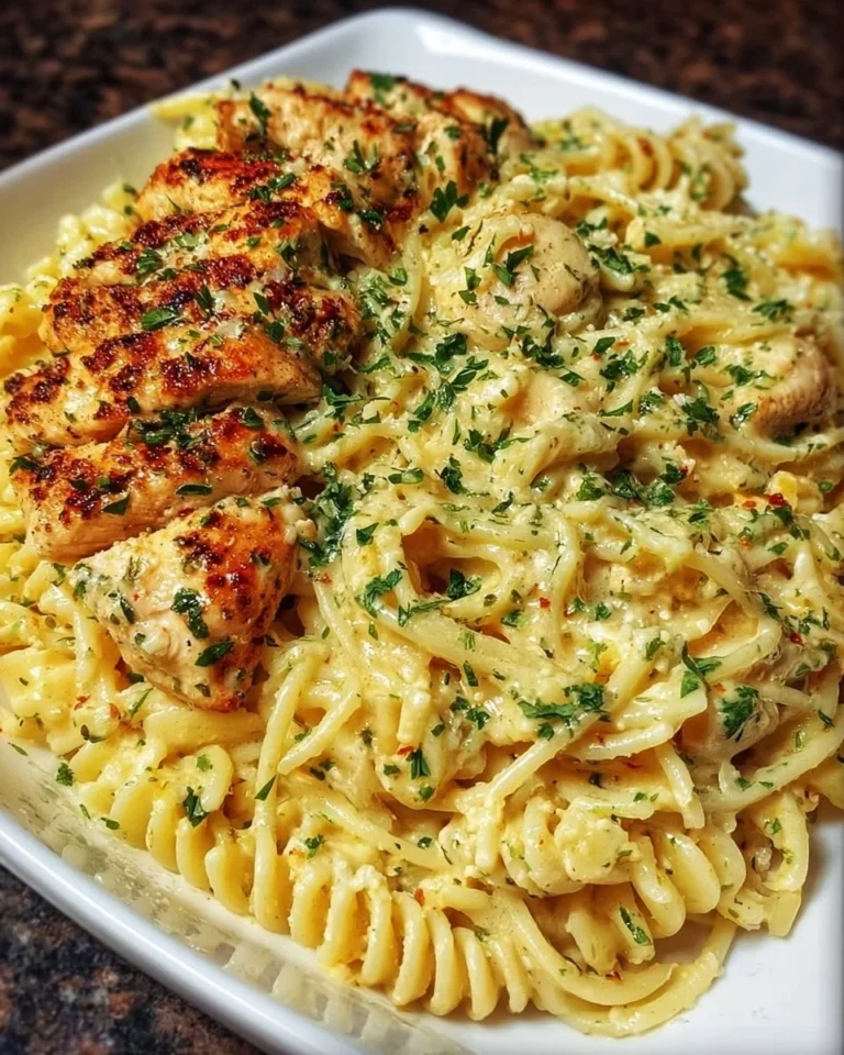Plate of creamy garlic parmesan chicken pasta topped with herbs and cheese