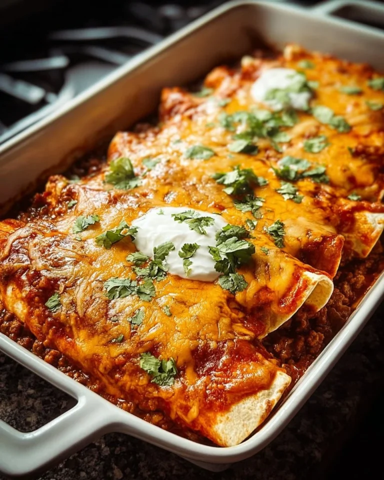Delicious ground beef enchiladas topped with cheese and served on a plate.