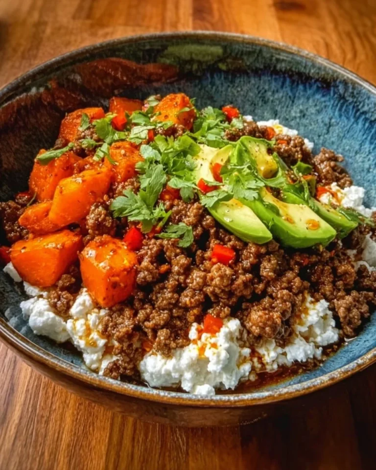 Ground Beef Hot Honey Bowl garnished with fresh herbs and served in a rustic bowl.