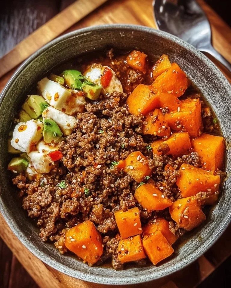 Ground Beef Hot Honey Bowl topped with savory beef and sweet honey drizzle.