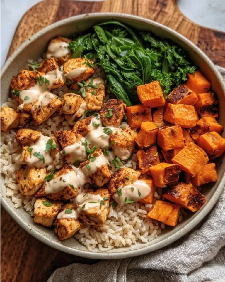 Healthy Chicken Rice Bowl with Sweet Potatoes and Fresh Vegetables