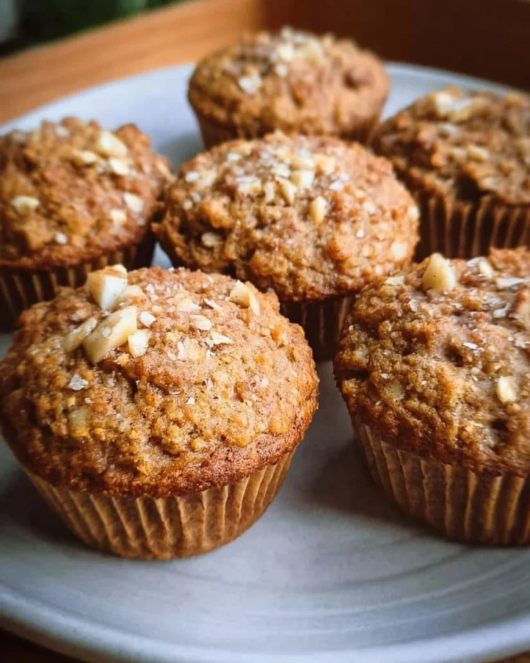High fiber apple cinnamon oat muffins stacked on a plate.
