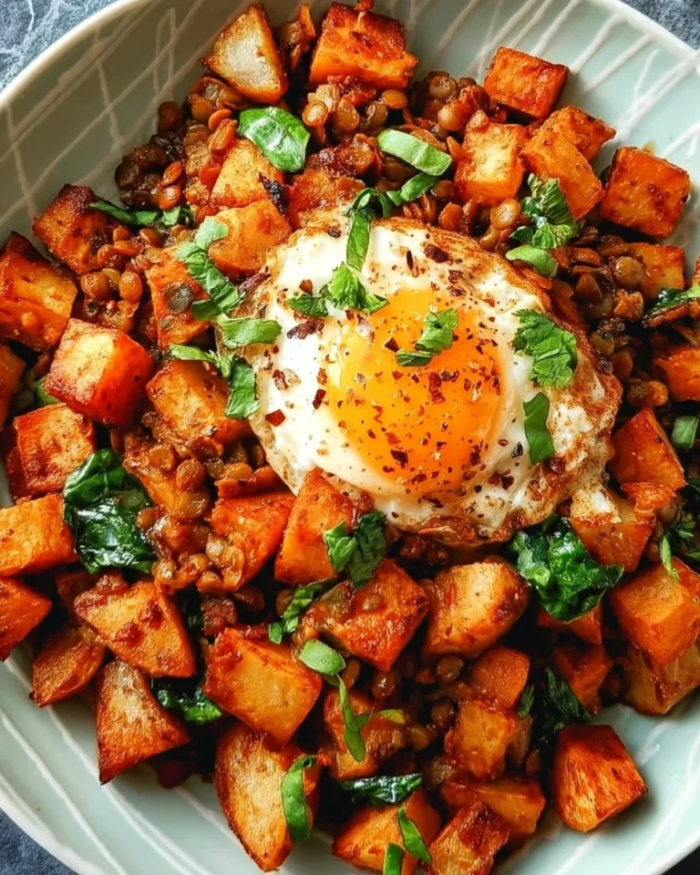 High-protein breakfast hash with vegetables and eggs in a skillet