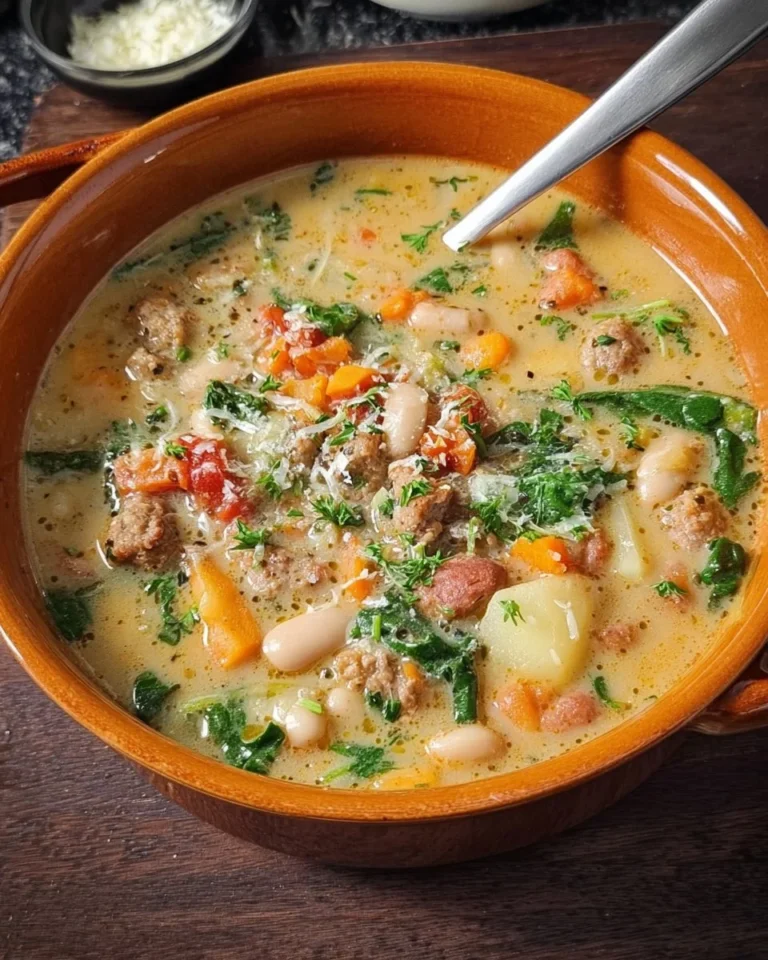 Bowl of Italian Sausage and White Bean Soup garnished with fresh herbs