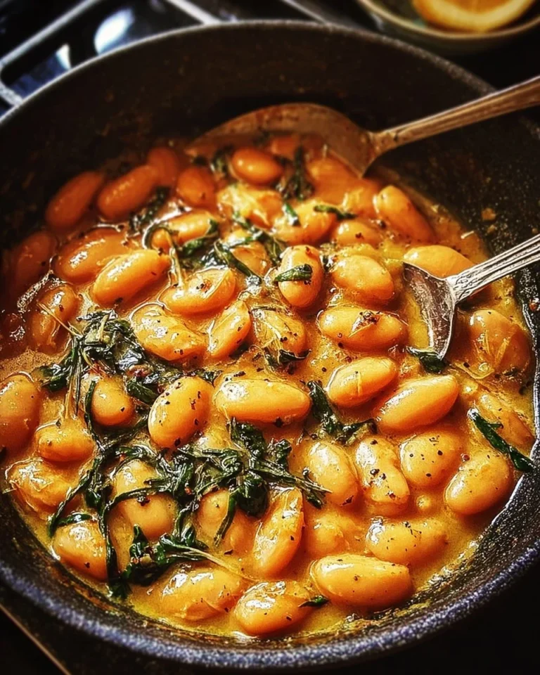 A bowl of creamy miso butter beans garnished with herbs.