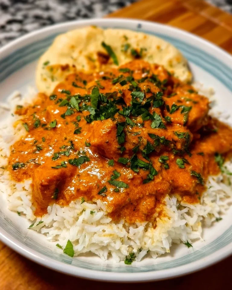 Delicious homemade butter chicken served with rice and garnished with cilantro.