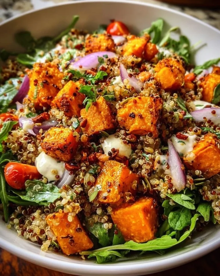 A vibrant bowl of roasted sweet potato quinoa salad with fresh greens and toppings.