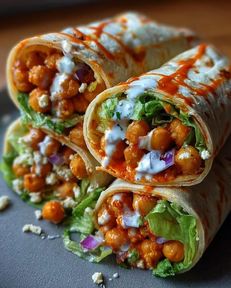 Spicy Buffalo Chickpea Wraps with fresh vegetables and spicy sauce