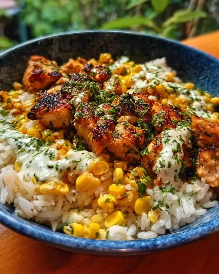 Delicious street corn chicken rice bowl topped with fresh ingredients