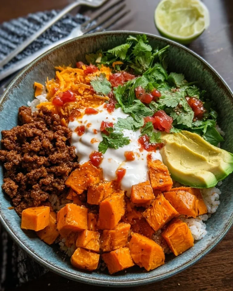 A delicious Sweet Potato Taco Bowl topped with fresh ingredients and spices.