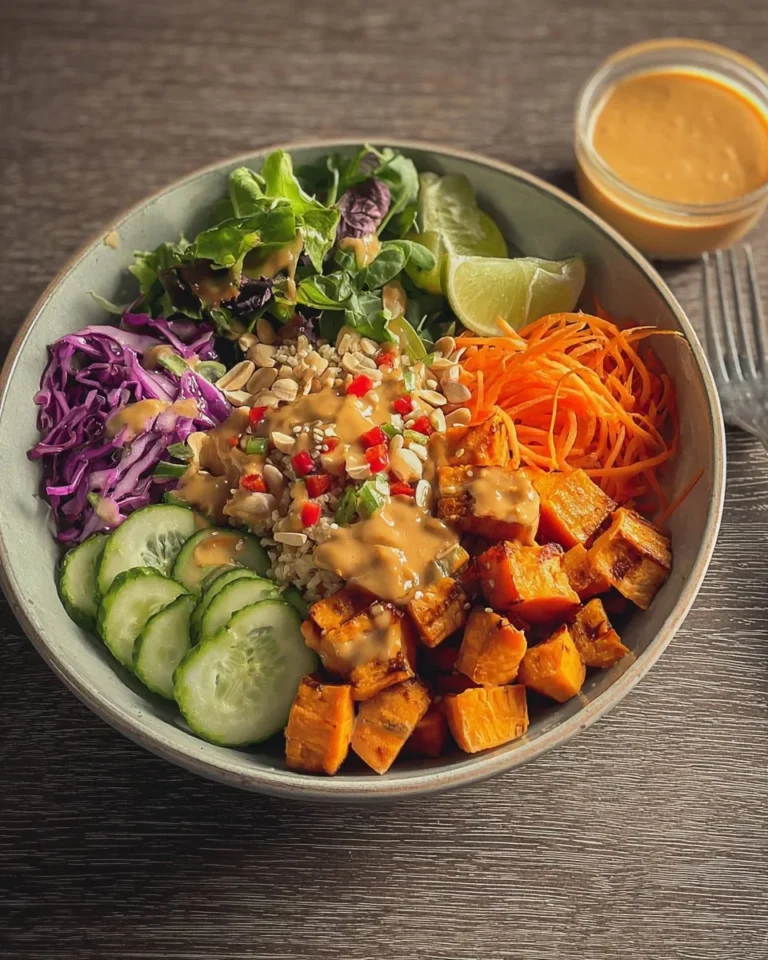 Thai Peanut Sweet Potato Buddha Bowl with fresh vegetables and toppings